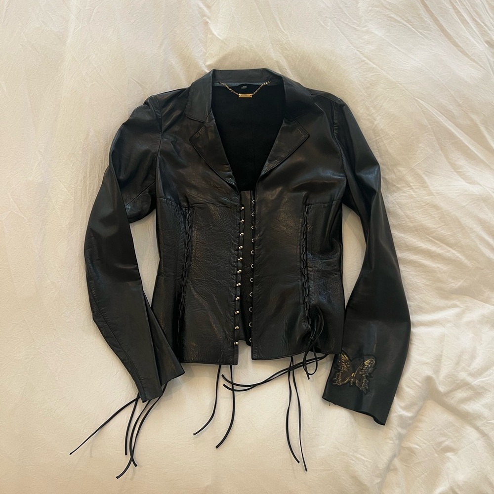 Roberto Cavalli Black Leather Jacket with Cropped Fit and Lace Accents